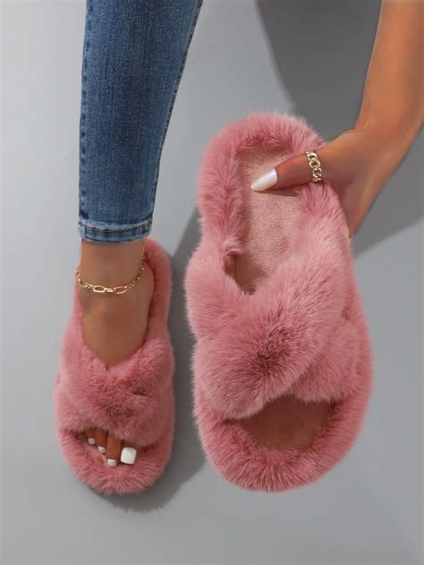 Minimalist Cross Strap Fluffy Slippers | Fluffy shoes, Slippers, Furry ...