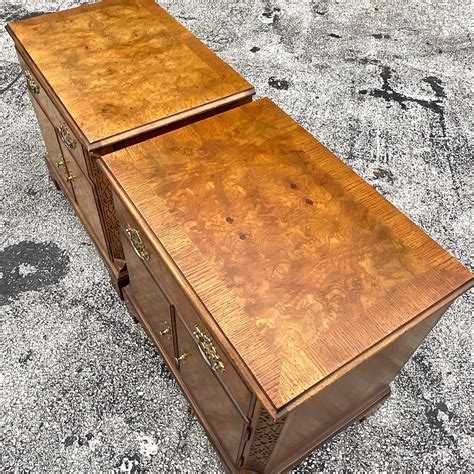 Late 20th Century Vintage Regency Baker Burl Wood Fretwork Nightstands ...