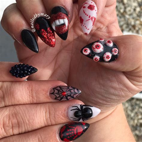 3D nail art eyeballs fangs spider Halloween web stiletto scary blood ...