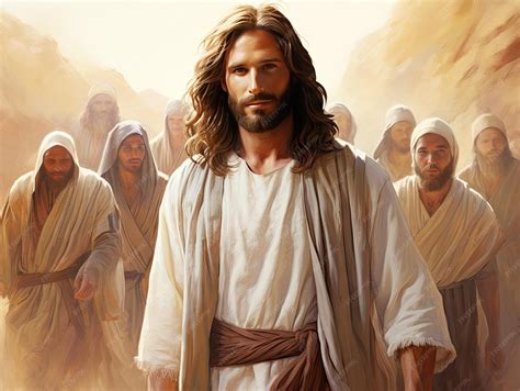 Beautiful scene of Jesus leading a group of people apostles disciples ...