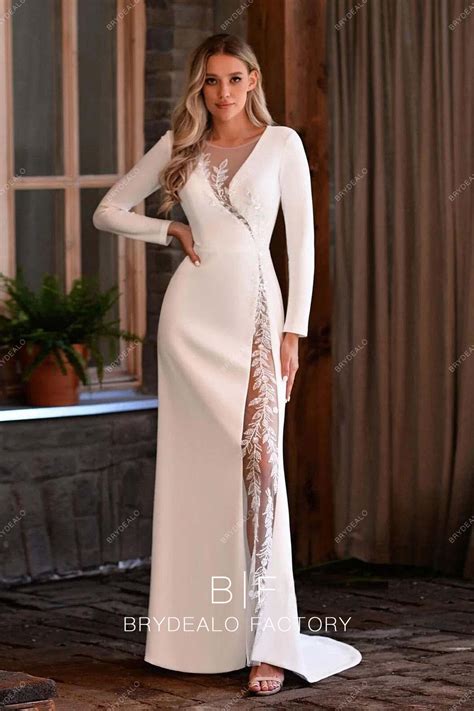 Elegant Long Sleeves Lace Crepe Unique Slim A-line Wedding Dress