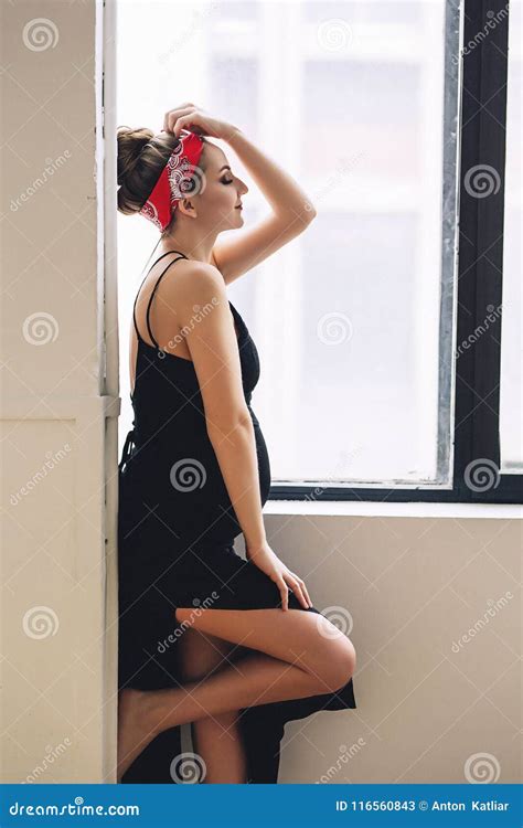 Portrait of the Stylish Beautiful Pregnant Woman with Big Belly and ...