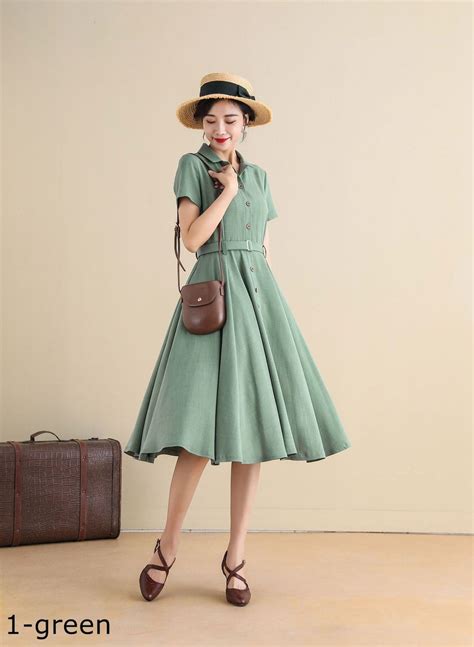 1950s Shirtwaist Dress Women, Retro Swing Shirt Dress, Midi Dress With ...