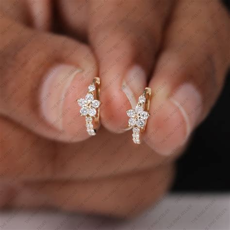 14k Gold Diamond Flower Huggies Earrings, Tiny Diamond Hoop Earrings ...