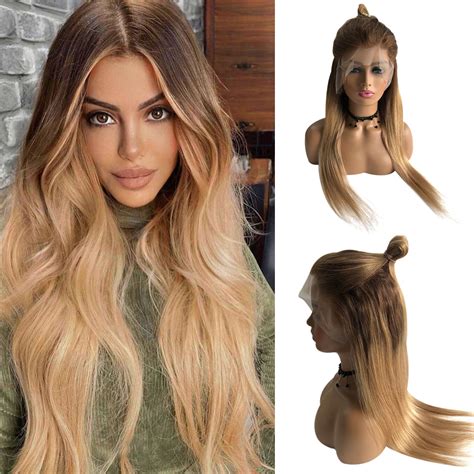 Ombre Highlight Lace Front Wig Human Hair for Women 13x6 Ombre Brown to ...