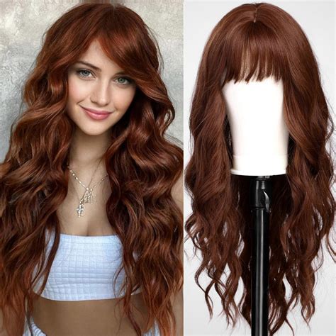 Amazon.com : KOME Auburn Wigs with Bangs,Copper Red Long Wavy Wig for ...