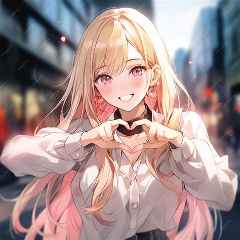 Anime girl making heart with her hands in the middle of the street ...