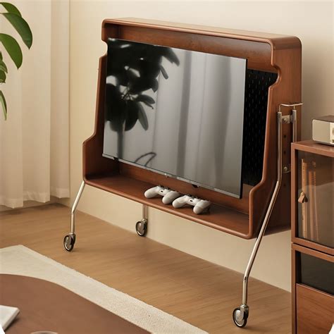 Scandinavian Brown Wood TV Stand with Open Storage and Casters Included ...