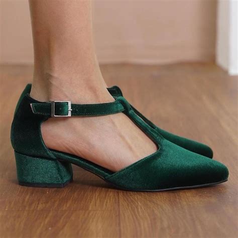 Green Mary Jane Shoes, Emerald Green Velvet T-straps Boho Wedding Heels ...