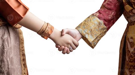 Closeup View of Two Cultural Girls Shaking Hands and Wear Floral Ethnic Dress. Illustration ...