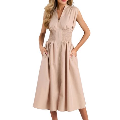 Womens Petite Summer Dresses, Tank Sexy Waisted V Neck Pleated Zip Midi ...