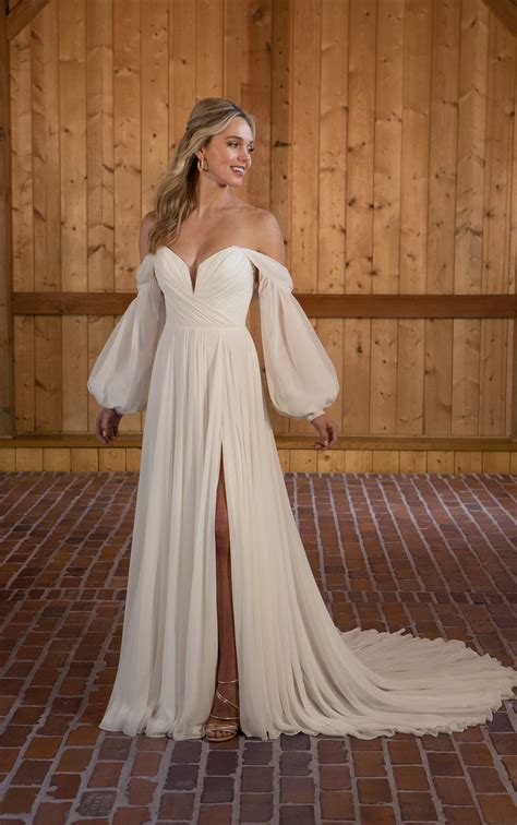 Chiffon A-line Wedding Dress With Detachable Long Sleeves | Kleinfeld ...