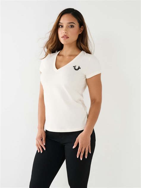 CRYSTAL TRUE RELIGION V NECK LOGO TEE