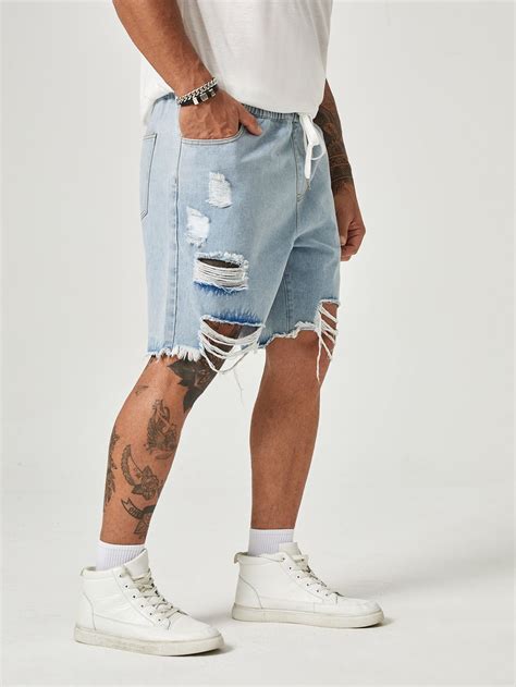 Hombres Shorts en mezclilla desgarro bajo crudo de cintura con cordón ...