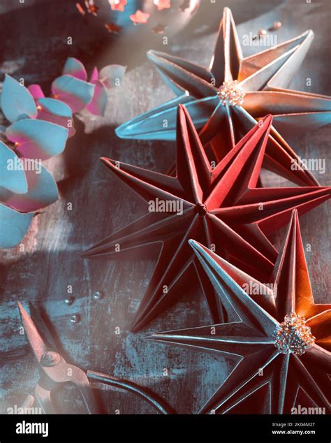 Handmade paper stars, self made Christmas decorations. Xmas ornaments ...