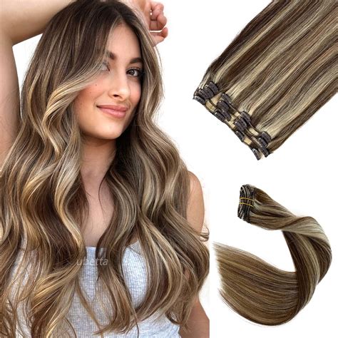 Amazon.com : Clip in Hair Extensions Real Human Hair, Chocolate Brown ...