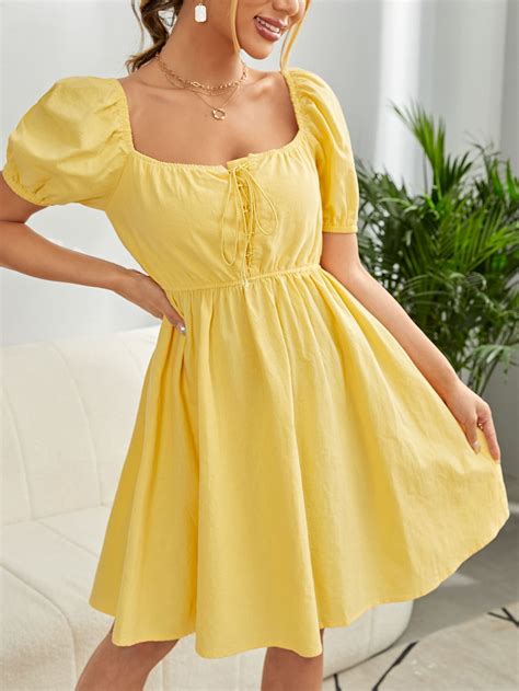 Puff Sleeve Lace Up Front Dress | Yellow dress outfit, Yellow dress ...