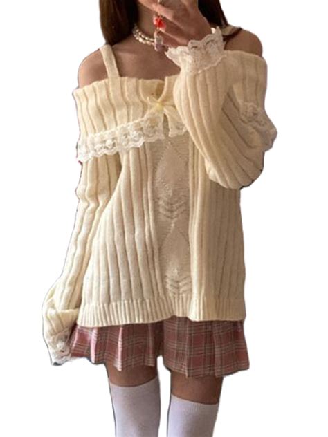 Women Fairy Off Shoulder Lace Trim Sweater Y2k Kawaii Long Sleeve Knit ...