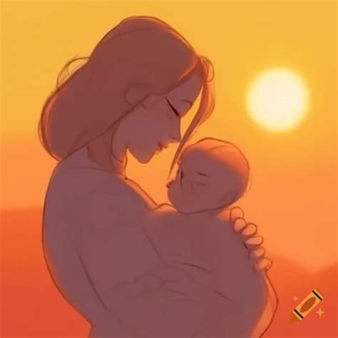 Silhouetted mother cradling baby against setting sun on Craiyon