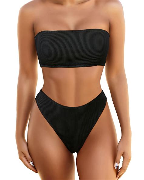 Yonique Thong High Waisted Bikini Set Ribbed Bandeau Swimsuit Strapless ...
