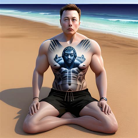 Elon Musk realistic strong body on the beach with surfer shorts and ...