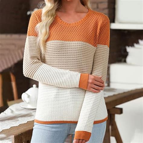 Aueoeo Women's Winter Sweaters Crewneck Color Patchwork Sweater Knit ...