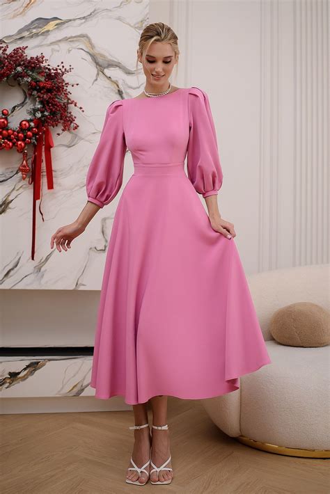 Dusty-Pink Backless Puff Sleeve Midi Dress - ELAGIA | Evening dresses ...