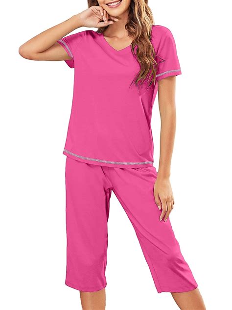 DAKIMOE Womens Pajama Sets Capri Sleepwear Short Sleeve Two-Piece Pjs V ...