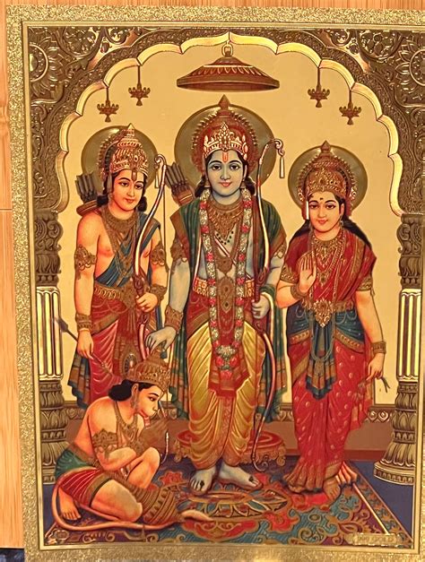 Shri Ram Sita Lakshman Hanuman Photo Gold Foli print Hanuman sentado en ...