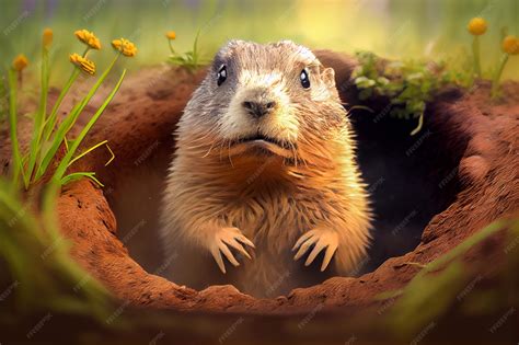 Premium Photo | A groundhog in a hole with a yellow flower in the ...
