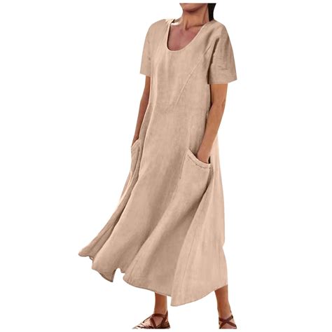 Sakmal Dresses for Women Long Khaki Shift Dresses Short Sleeve Casual ...