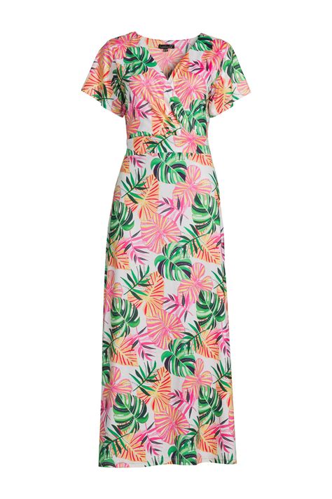 Smashed Lemon maxi jurk Marley met bladprint en plooien wit/roze/groen | wehkamp