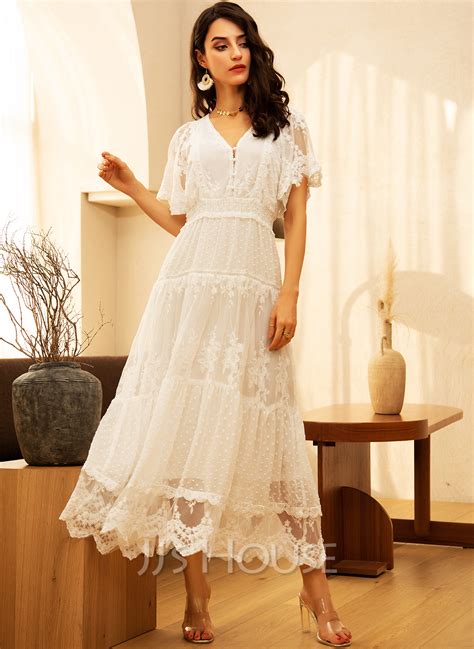 Lace Solid V-Neck Short Sleeves Maxi Dresses (293250264) - JJ's House