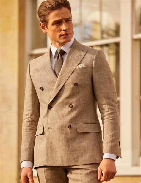 Brown Check Double Breasted 2 Piece Linen Tailored Suit | Hawes and Curtis