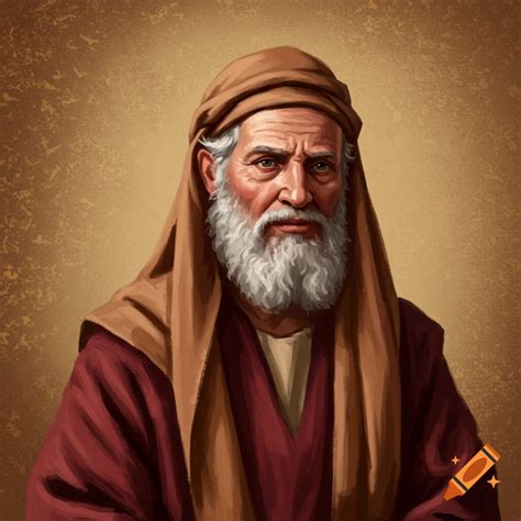 An older man with a white beard wears a brown head covering and a red ...