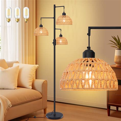 SERBASIC Boho Rattan floor lamp for Living room, Dimmable 3 Lights ...