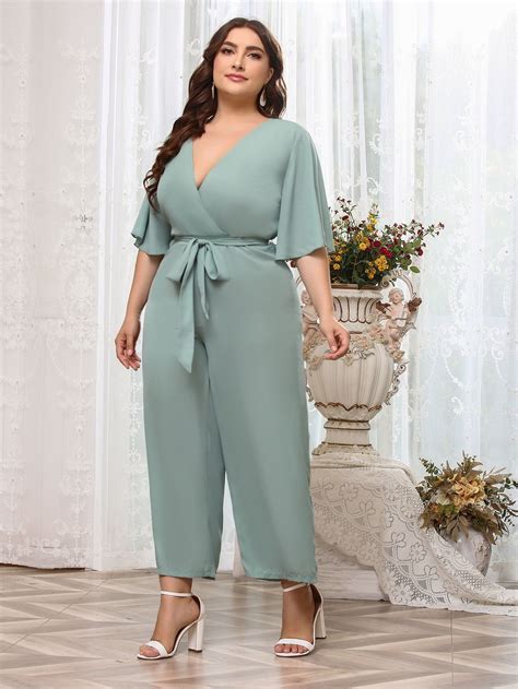 Plus Solid Wrap Butterfly Sleeve Jumpsuit | Plus size wedding outfits ...