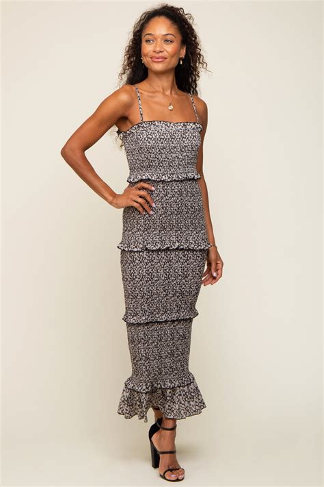 Black Floral Smocked Ruffle Tier Midi Dress – PinkBlush