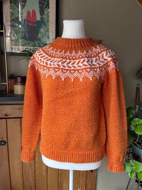 Vintage 70s Burnt Orange & White Fair Isle Knit Pullover Jumper / Retro ...
