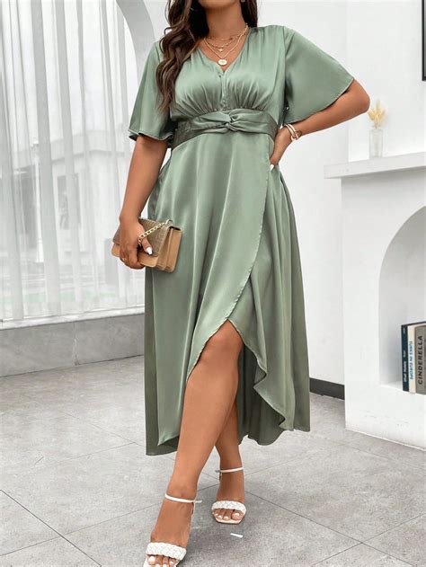 Plus Butterfly Sleeve Ruched Wrap Hem Dress | Big size dress casual ...