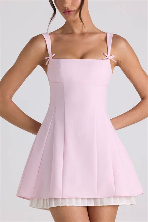 Bow-Detail Pleated A-Line Mini Dress in Soft Pink | Pink dress short ...