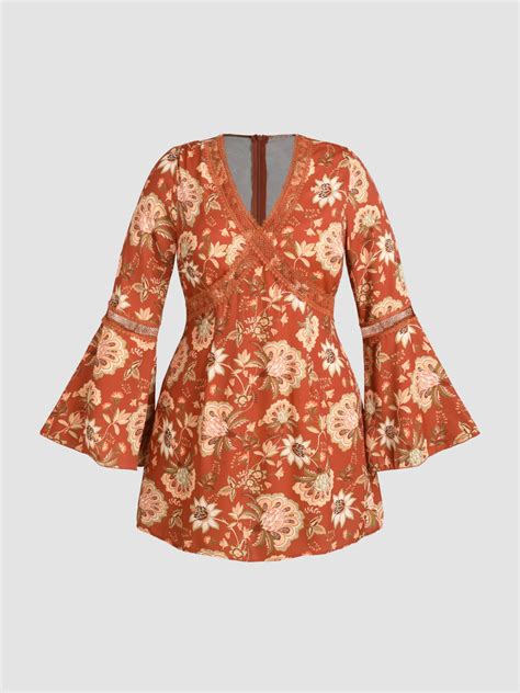Woven Floral V-neck Bell Sleeve Mini Dress Curve & Plus For Holiday ...