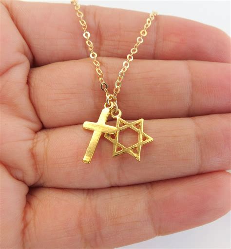 Star of David With Cross Necklace, Cross With David Star Necklace, Gold ...