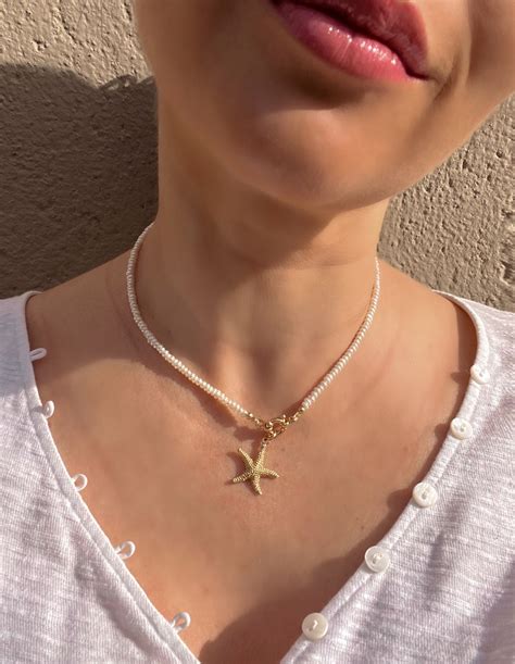 Tiny Pearl Necklace With Golden Starfish Pendant Starfish - Etsy