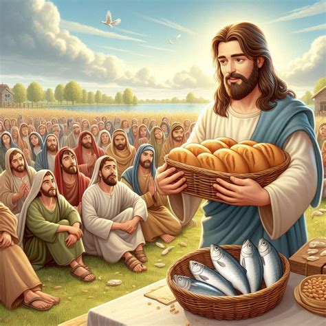 Jesus Feeding the Five thousand with five loaves of bread.. | Jesus ...