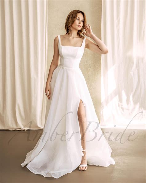 Simple A Line Wedding Dress Square Neck Satin Dress Wedding Casual Ivory Bridal Dress Minimalist ...