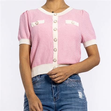 Summer Custom Button Round Neck Shrug Sweater Short Sleeve Pink Women's ...