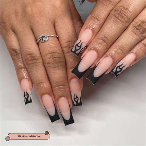 Black French Tip Nail Designs (Midnight Fire Hearts)