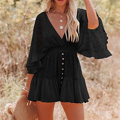 Women's Boho Dress Middle Flared Sleeves Deep V Neck High Waist Lace ...