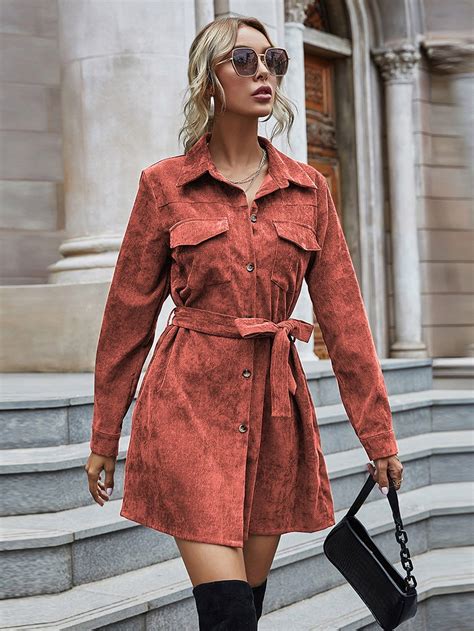 Corduroy Flap Pocket Button Front Belted Shirt Dress | Corduroy shirt ...